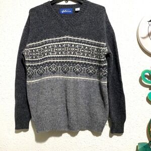 EXPRESS Bleu Men's L 100% Wool Fair Isle V-Neck Sweater Dark Gray grandpacore